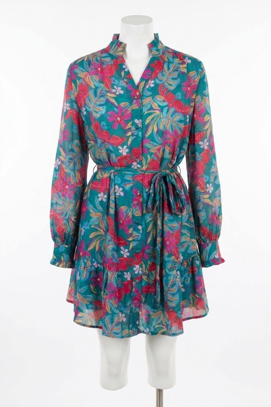 NEW FATE print tencel blend split neck dress in teal green multi